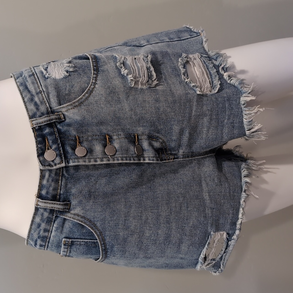 SHEIN Mid Blue Wash Button Fly High Rise Frayed Hem Distressed Jean Shorts 29